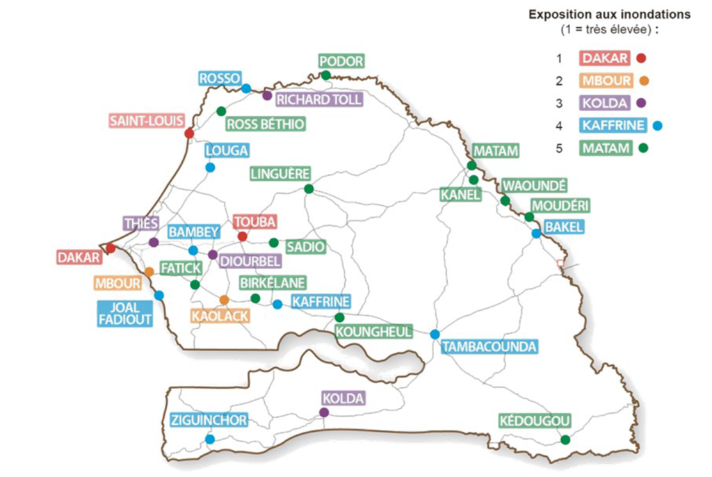 SENEGAL / PGIIS : Carte des 29 villes/localités identifiées comme les plus exposées à l’échelle du territoire sénégalais
